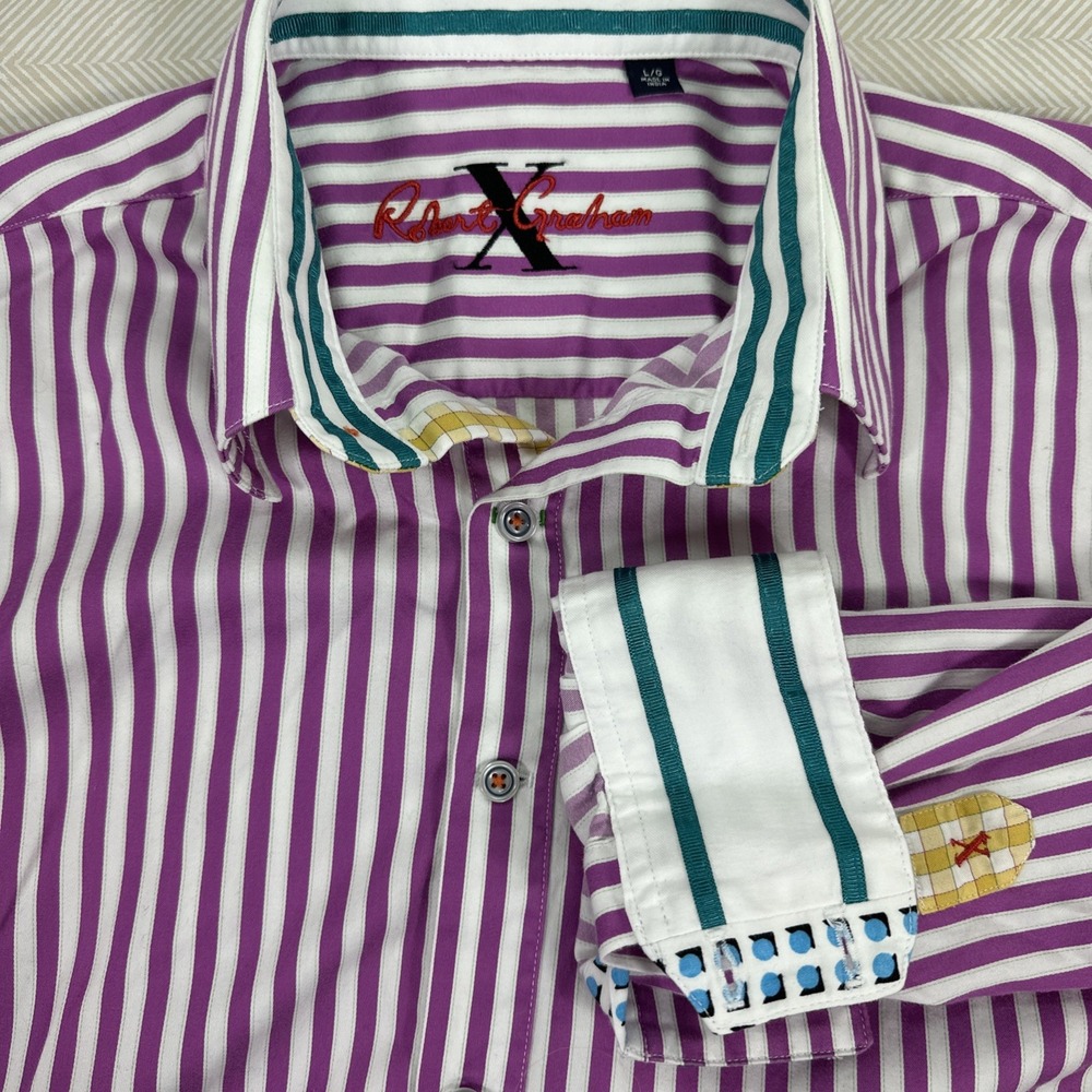 Robert Graham X Oxford Men's Large Purple Stripe Classic Fit‎ Long Sleeve